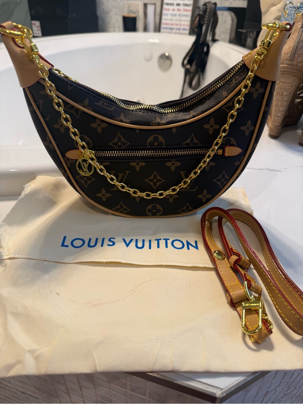 1.1 LV Monogram Crescent Crossbody with Gold Chain